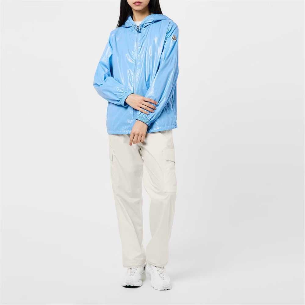 NWT Moncler Wuisse Coated Cotton Blend Hooded Windbreaker Jacket Blue Women 0 XS